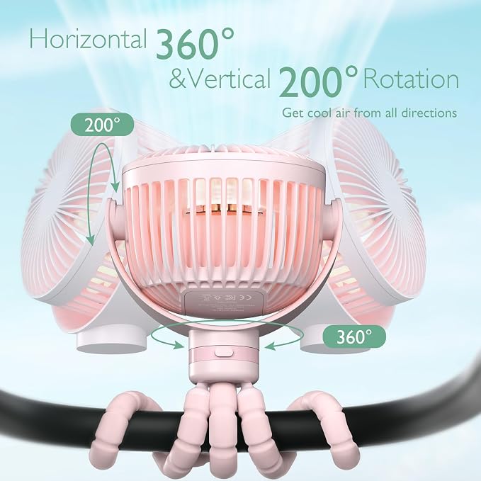 Momcozy 8000mAh Portable Stroller Fan, 27H Ultra-long Battery Life | Detachable 4 Speed 360°Rotate LED Night Light with 2 Modes, USB Rechargeable Handheld Cooling Fan for Travel/Car Seat/Bedroom - Image 7