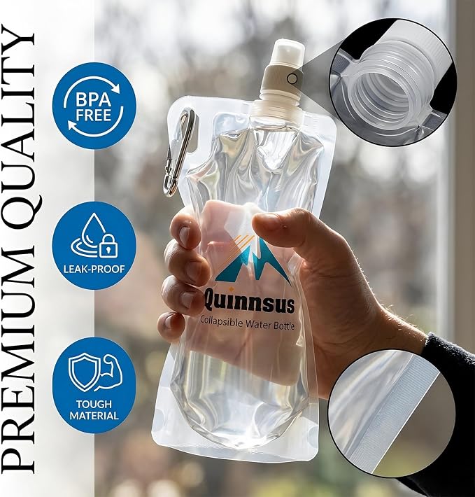 Quinnsus 2-Pack 1L Collapsible Water Bottles, 33oz BPA-Free Reusable Plastic Flasks, Foldable Backpacking Water Bottle Bag for Traveling, Hiking, Camping, Running - Image 4