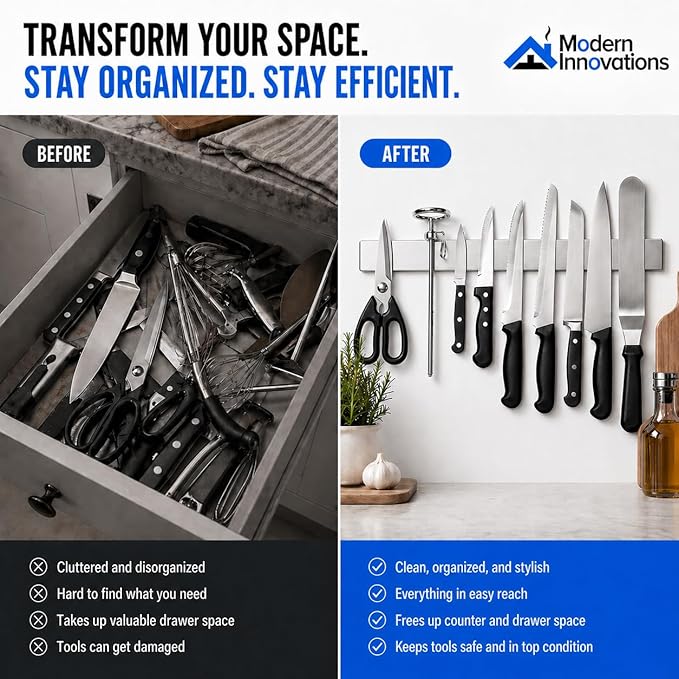 Modern Innovations 16 Inch Stainless Steel Magnetic Knife Bar with Multi-Purpose Functionality as a Knife Holder, Knife Strip, Magnetic Tool Organizer, Art Supply Organizer & Home Organizer - Image 3