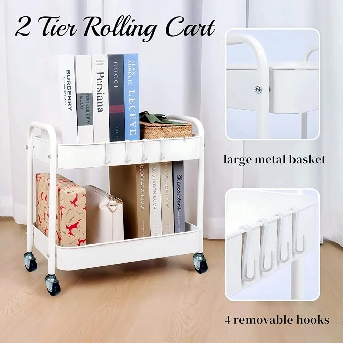 Under Desk Storage Cart 2 Tier Utility Rolling Cart with Wheels, Small Metal Mobile Trolley with Handle Two Tiered Utility Organizer Roller for Kitchen Office Bathroom Pantry Room, White - Image 7
