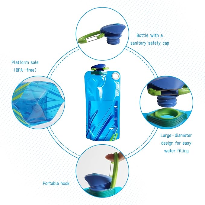 Collapsible Water Bottles With Carabiner,4 Pcs | 34 Ounce Foldable Water Bag,Bpa-Free Reusable Leakproof Water Bags,For Outdoor Sports Camping Traveling Biking Hiking - Image 3