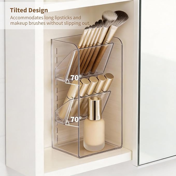 PAVSTINE Medicine Cabinet Organizer with Adjustable Dividers, Clear Open Storage Compartment, Space-Saving Makeup Brush Holder for Bathroom, Wall Cabinet, Vanity Countertop (2-Tier Full Slant) - Image 3