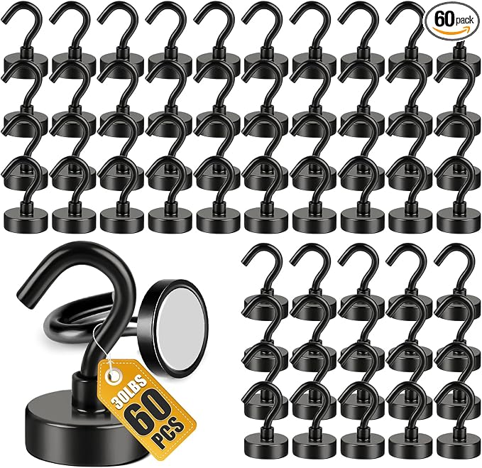 DIYMAG Magnetic Hooks, 30lbs 60pcs Cruise Cabin Essentials Heavy Duty Black | Strong Neodymium Rare Earth Magnets, for Kitchen, Classroom, Beach, Cruise Cabins, Refrigerator, Hanging Key Clothes Wall Hat by DIYMAG