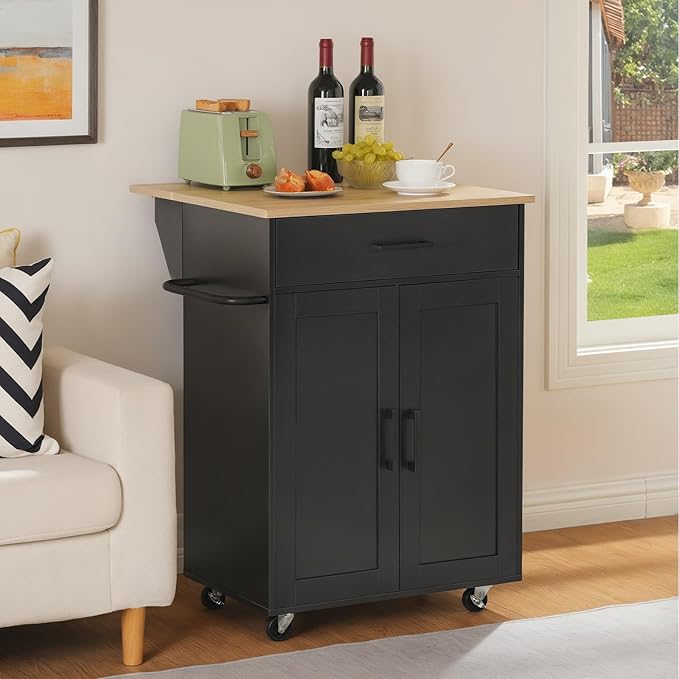 MAHANCRIS Kitchen Island on Wheels with Drop Leaf, Folding Countertop Kitchen Island Cart, Kitchen Islands Table with Towel Rack, Drawer, for Kitchen, Dining Room, Black and Natural KINB12501 - Image 6