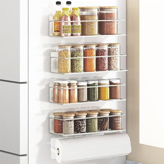 Magnetic Spice Rack For Refrigerator, Space Saving Magnetic Shelf For Fridge White 4 Pack With Magnetic Paper Towel Holder by Roysili