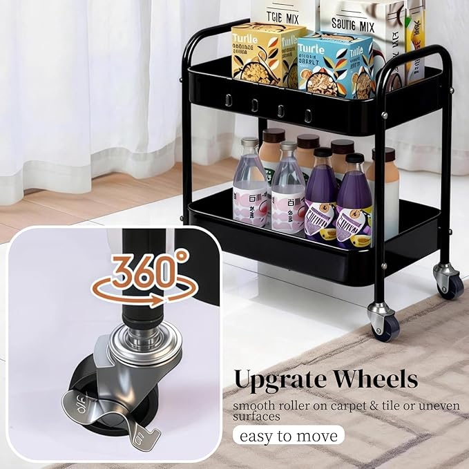2 Tier Metal Rolling Utility Cart with Wheels Under Desk Storage Cart with Handle, Roll Around Organizer Trolley for Small Space Pantry Bathroom Home Kitchen Office Snack Baby Supplies, Black - Image 3