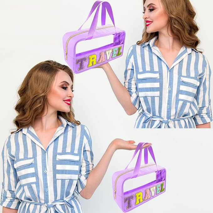Bunliuys Chenille Letter Clear Makeup Bag Travel Patch, Travel Toiletry Makeup Bag with Handle, Nylon Waterproof Makeup Bags clear cosmetic bag, preppy patch makeup bag for Women (TRAVEL-Violet) - Image 6