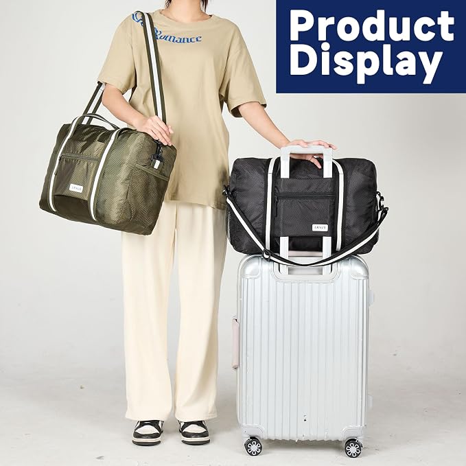 Carry On Travel Bag, Lightweight Foldable Packable Tote Bag 25L | Water Repellent, Expandable Travel Duffle with Luggage Sleeve and Shoulder Strap for Men Women - Image 2