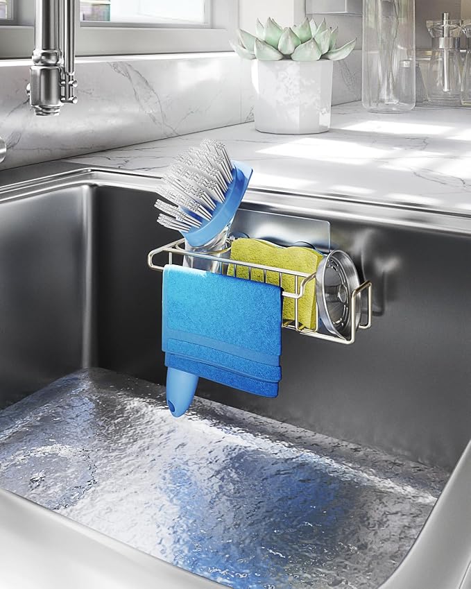 HapiRm Sink Caddy Sponge Holder - No Drill Sponge Holder for Kitchen Sink, Rustproof and Waterproof Kitchen Organizer - Brushed Nickel（8.65 * 3.54 * 2.36 in） - Image 6