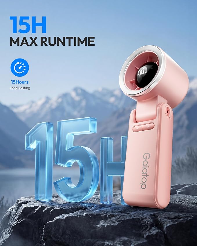 Gaiatop Portable Handheld Turbo Fan, 15 Hrs Cooling, 180° Foldable 4-in-1 Hand Held Fans, 6-Speed (1-100) Personal Mini Handheld Fans, Small Portable Fan for Travel, Working, Outdoor Women Gifts, Pink - Image 5
