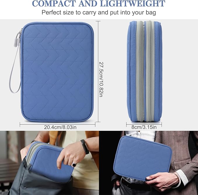 FYY Electronic Organizer, Travel Tech Pouch Bag, Extra Large, Blue Quilted | Wrist Strap, Waterproof, Double Layers Electronics Travel Case for iPad, Cord, Laptop Charger, Daily and Business Trips Use - Image 2