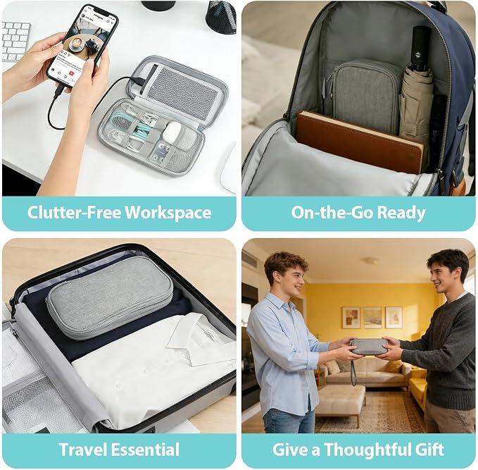Double Layer Electronics Organizer Tech Pouch for Chargers, Gray | Water-resistant Oxford fabric, 8 compartments for 3ft+ cords and compact 7.87x4.72x1.97in design. Includes 8 cable ties. - Image 6