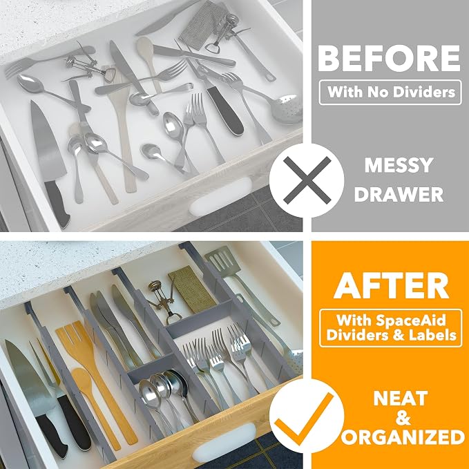 SpaceAid Bamboo Drawer Dividers with Inserts and Labels, Kitchen Adjustable Drawer Organizers, Expandable Organization for Home, Office, Dressers, 4 Dividers with 9 Inserts (17"-22" Gray) - Image 2