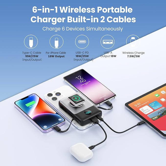 Magnetic Portable Charger 10800mAh with Built-in Cables,Wireless Power Bank for Magsafe,25W PD Fast Charging USB-C Travel Essentials Battery Pack for iPhone 17/16/15/14/13/12 Series,Apple Watch-Black - Image 7