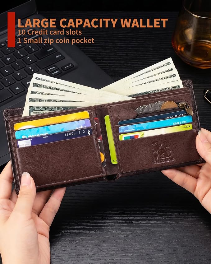 Men's Cowhide Leather RFID Wallet, Slim Bifold (Dark brown) | 2 Clear ID Windows, 10 Card Slots, Zipper Coin Pocket, Gradient Finish for Business, Travel, Daily Carry and Gifts - Image 5