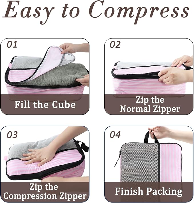 U+U 10 Set Compression Packing Cubes, Travel Organizers (Pink Stripe) | Space-Saving & Complete Travel Set - Image 7