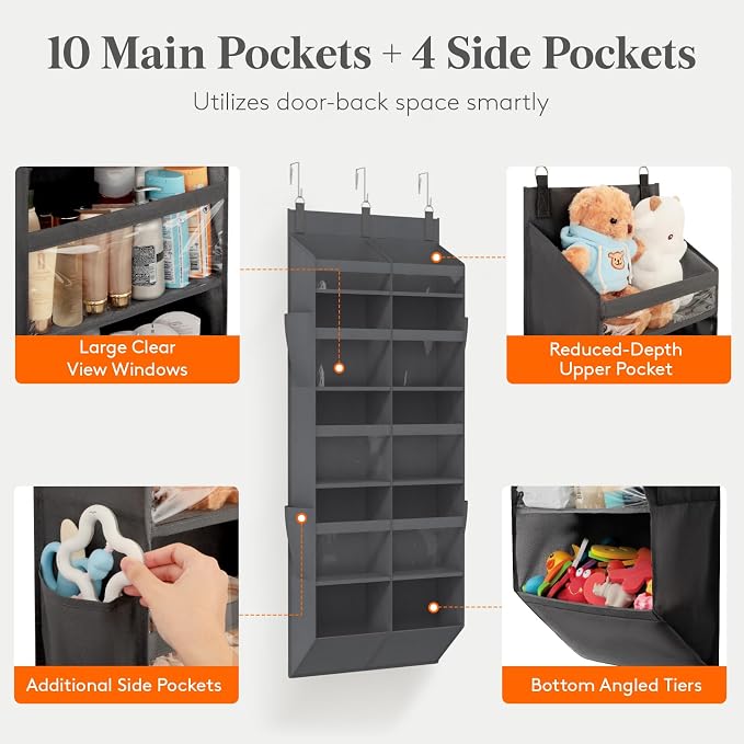 Lifewit 1 Pack Over the Door Organizer, 10 Section Clear Window Hanging Storage with 4 Side Pockets, Sturdy Anti Tilt 40 lbs Load Behind Door for Closet, Bedroom, Bathroom, Nursery, Dorm, Gray - Image 3