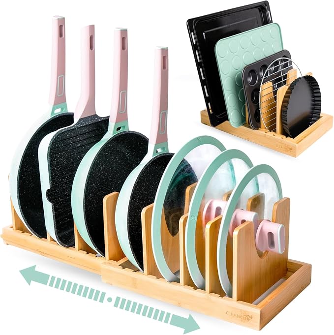 Pots and Pans Organizer under Cabinet Expandable Bamboo Pot Lid Holder Rack | Adjustable bakeware organizer, cutting board organizer, cookie sheet, baking pan, tray organizer for kitchen cabinet storage by cleanclue