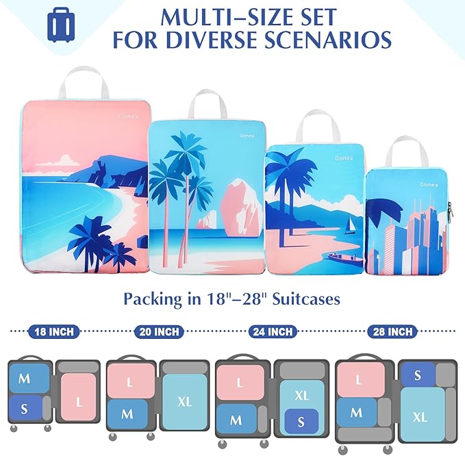 Gonex 4-Piece Compression Packing Cubes, Expandable Travel Organizers | Unique Printed Design, Ripstop Fabric, Double-Zip Compression, Carry-On Friendly, Lightweight - Image 2