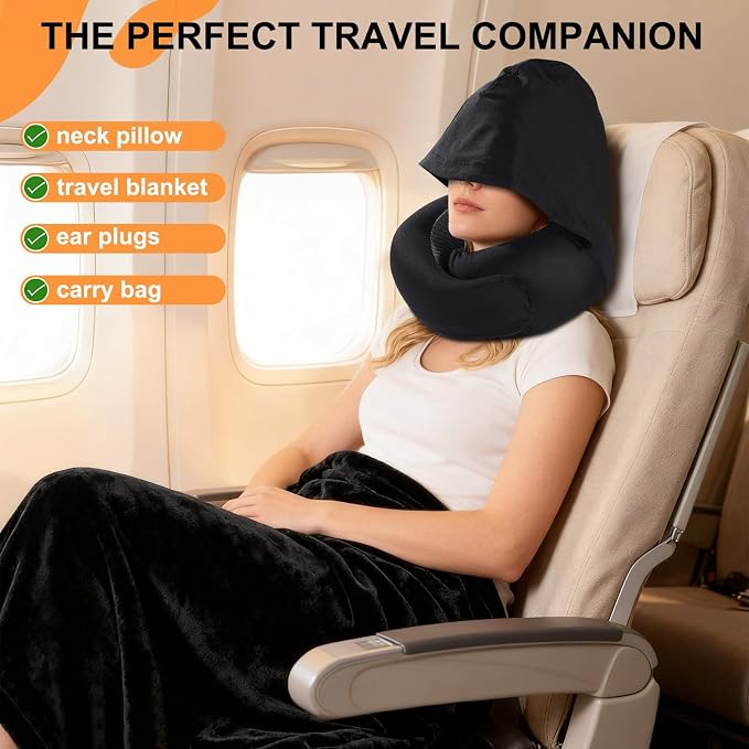 Travel Pillow and Blanket Set for Airplane, Hooded Memory Foam Neck Pillow | Soft blanket, privacy hood, earplugs, carry bag and memory foam neck support for airplane travel, long flights and road trips - Image 2