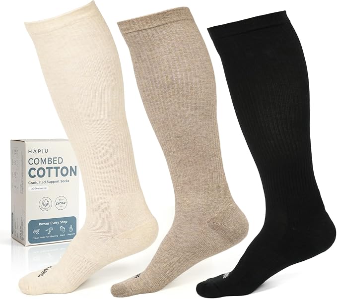HAPIU 20-30mmHg Cotton Compression Socks for Women Men, Graduated Knee High Support Socks for Travel, Flight, Nurse by HAPIU
