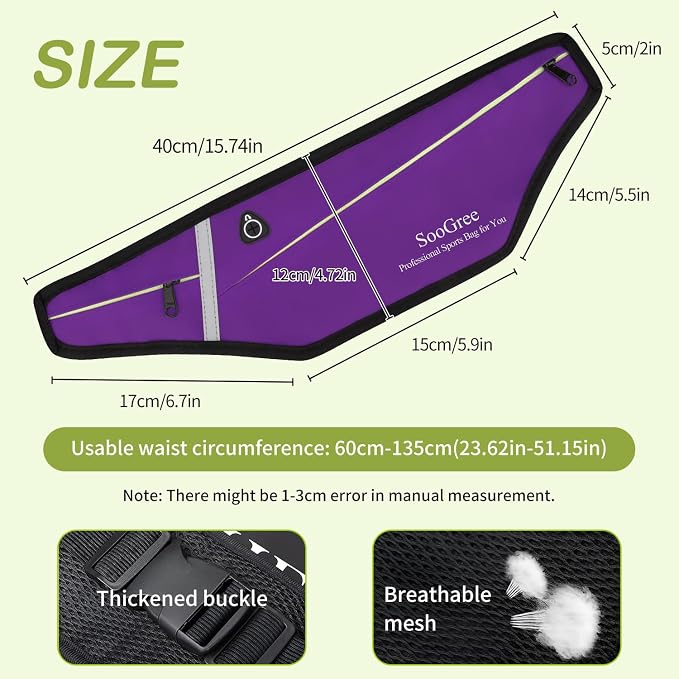 SooGree Slim Running Belt Fanny Packs for Women Men,Water Bottle Holder Hydration Fanny Pouch,Waterproof Sport Waist Pack with Reflective Strip,Runner Belt Bag for Running Cycling Camping Gym (Purple) - Image 2