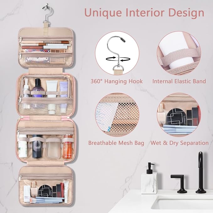 Toiletry Bag for Women, Hanging Travel Toiletry Bag with Jewelry Organizer Compartment Large Makeup Bag, PVC Waterproof Cosmetic Travel Bag for Travel Business Trips Camping Bathroom, Pink - Image 5
