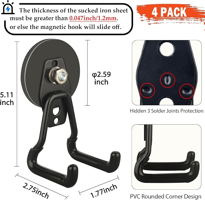 ULIBERMAGNET Upgraded Large Magnetic Hooks,Strong Heavy Duty Magnet Hooks for Power Drill,Broom,Garden Tools,Pegboard,Garage,Workshop,Hardware, 4 Pack Magnet Storage Holder for Hanging(Black) - Image 3