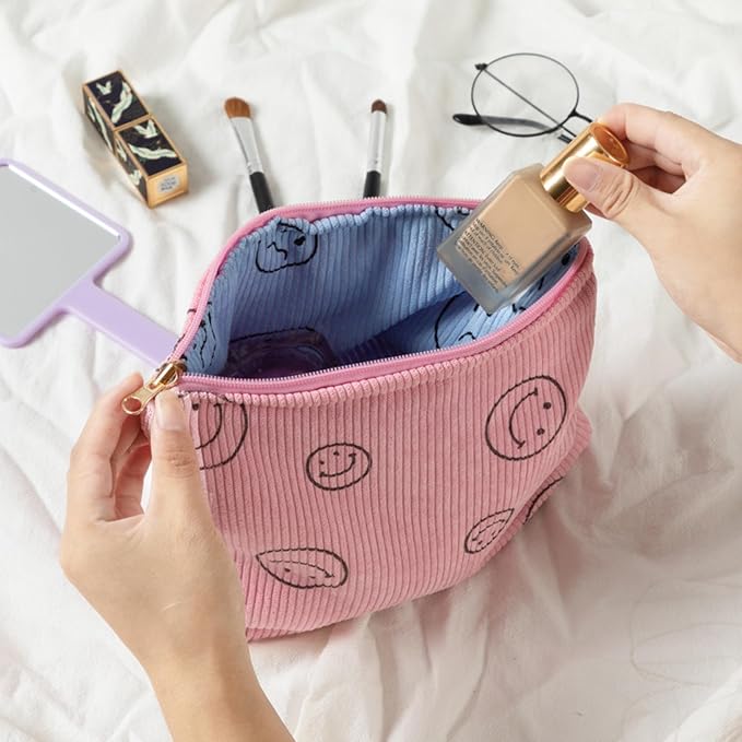 Cosmetic Bags for Women - Corduroy Cosmetic Bag Aesthetic Women Handbags Purses Smile Dots Makeup Organizer Storage Makeup Bag Girls Case Bags (Double Pink Blue) - Image 7