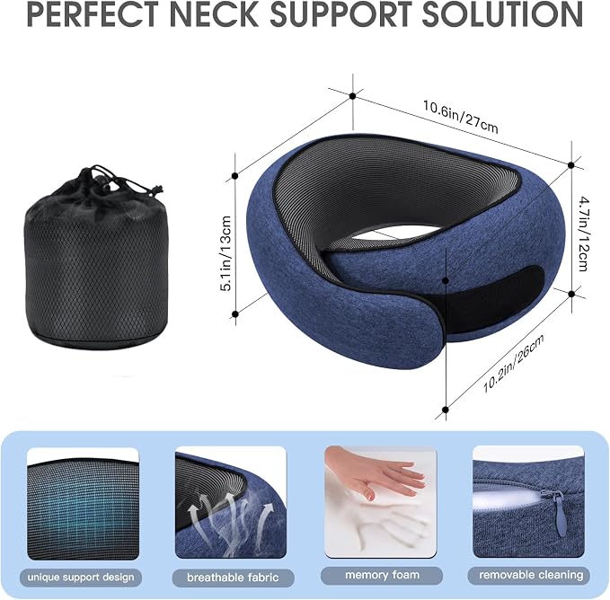 Neck Travel Pillows for Airplanes Memory Foam Neck Comfort Pillow Compact Ergonomic Design Sleeping Essentials for Long Flights Car Rides and Home Use (Blue) - Image 2