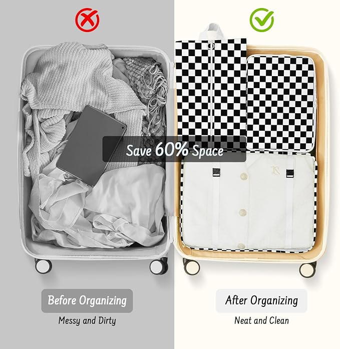 9 Set Packing Cubes for Travel Essentials - Lightweight Carry-On Luggage Organizer Bags with Shoe, Clothes & Laundry Bags for Airplane, Family & Business Travel, Black checkered - Image 8