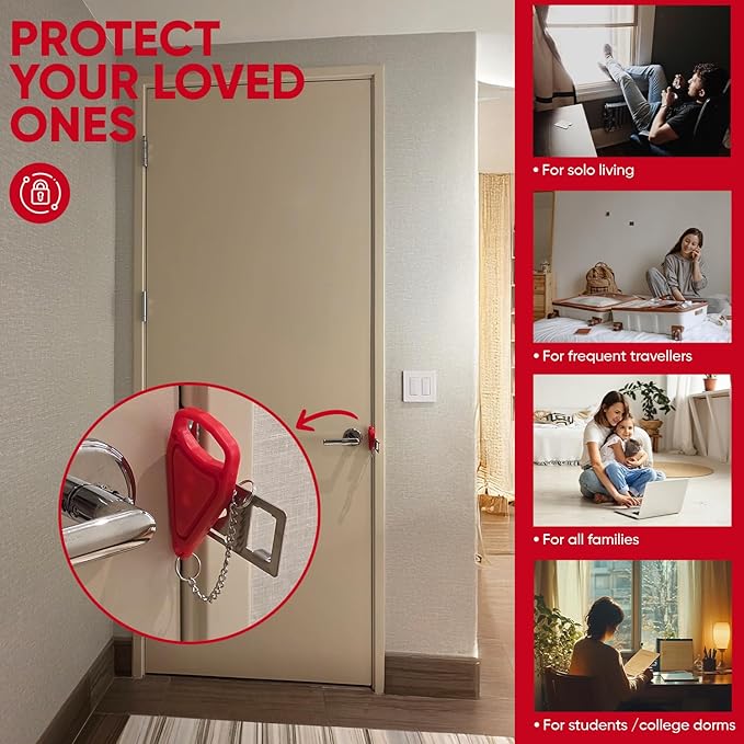 Portable Door Lock Extra Security Essential Safety & Privacy Travel Lockdown, Prevent Entry Stopper, Protect Family While Traveling Home Bedroom Hotel Apartment College (2 Pack (Red and Black)) - Image 2