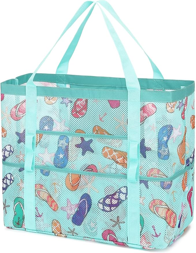 Fammart Mesh Beach Bag for Women, Large Beach Toy Pool Bag with Zipper Pocket, SandProof Cruise Essentials 2026 Family Travel by Fammart