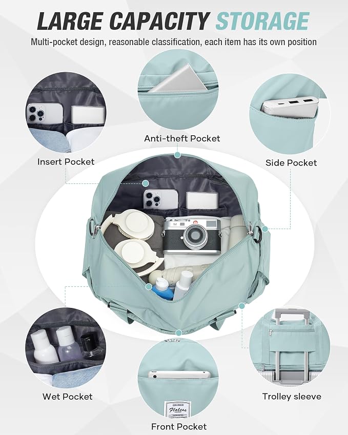 Expandable Travel Duffle Bag for Women Men, Large Gym Bag Travel Tote Bags, Waterproof Carry On Personal Item Bag Airline Approved, Overnight Workout Weekender Bag with Luggage Sleeve, Light Blue | Waterproof Carry On Personal Item Duffel Bag 40L Doubl... - Image 5