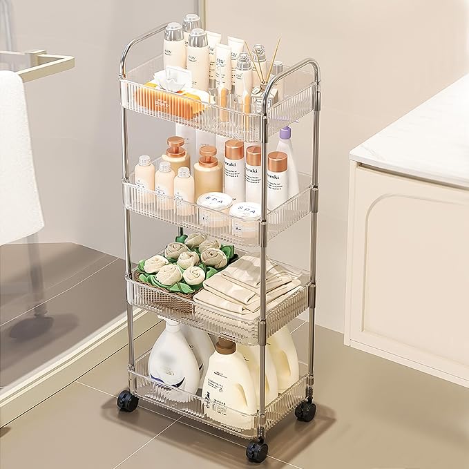 4 Tiers Rolling Storage Cart with Hanging Basket Acrylic Organizer | Acrylic Rolling Cart with Hanging Basket and Lockable Wheels, Ideal for Home, Office, Kitchen and Bathroom Storage - Image 6
