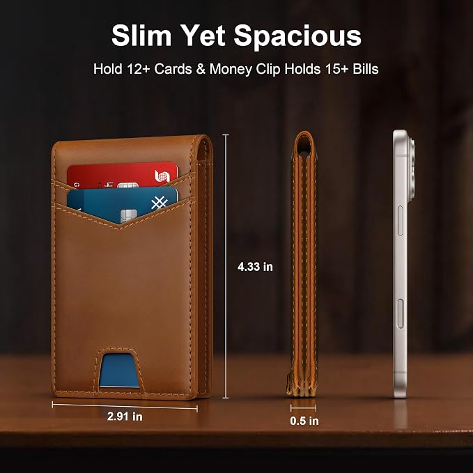 Slim Genuine Leather Wallet: Thin RFID Wallet 12+ Card Hold | Top Grain Leather Wallet with Magnetic Money Clip Inside - Minimalist Front Pocket Wallets - Gifts for Men with Gift Box - Image 8