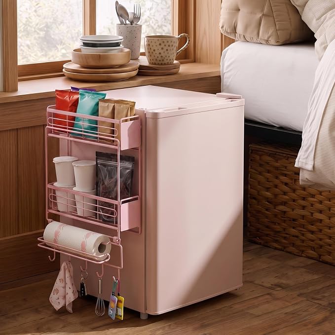 Vercraft 3 Tier Magnetic Dorm Fridge Organizer Heavy Duty 66lbs over Dorm Fridge Shelf Essentials Paper Towel Holder with Sliding Basket Hook Side of Fridges Storage Rack Space Saving Kitchen(Pink) by Vercraft