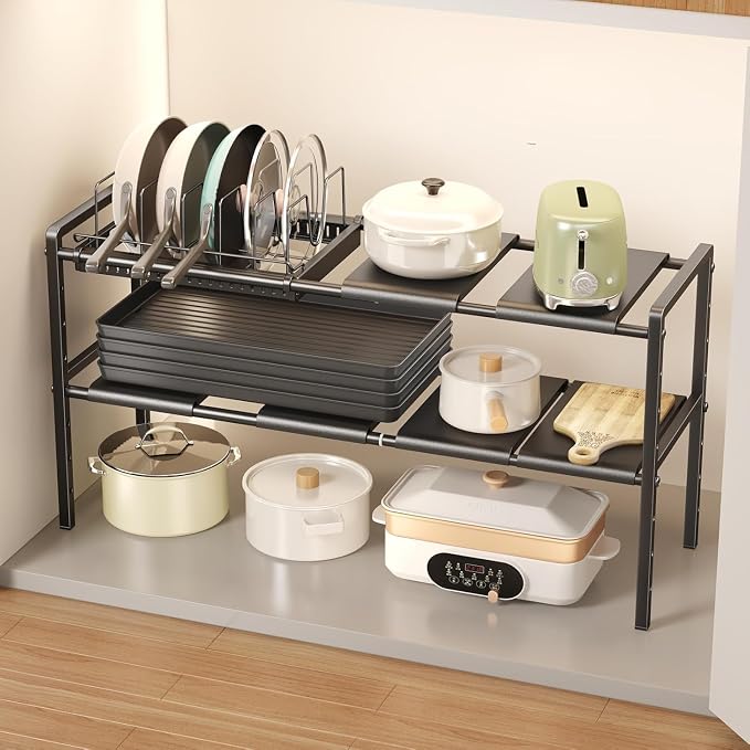 Mustorn Pots and Pans Organizer Under Cabinet, Expandable 2 Tier Under Sink Organizers and Storage Adjustable Height Kitchen Pot and Pan Lid Holder Rack with 6 Dividers(6panels,1 Pot rack, Black) by MUSTORN