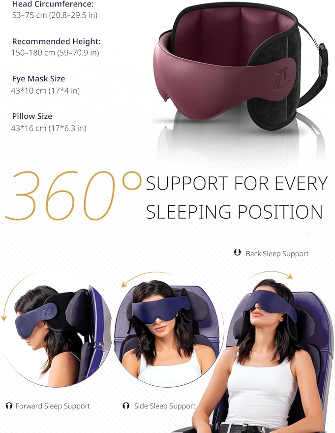 Travel Pillow, Airplane Neck Pillow with 3D Eye Mask for Sleeping | Round Edge Plane Head Strap 360°Headrest Support for Long Flight, Stop Bobblehead, Travel Essential for Car Road Trip Red - Image 4