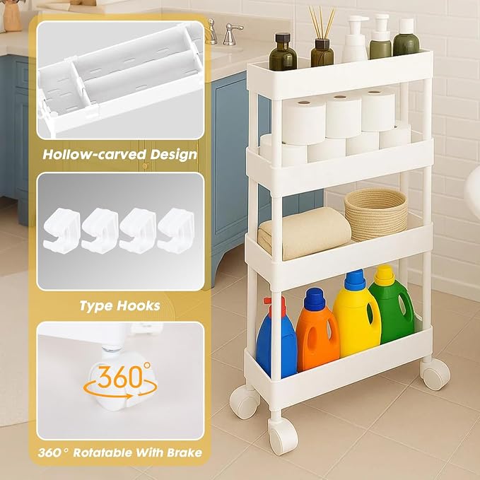 ShellKingdom 4 Tier Bathroom Storage Organizer, Slim Rolling Storage Cart for Narrow Space, Mobile Shelving Unit with Lockable Wheels and Hooks for Bathroom, Kitchen, Laundry Movable Shelf (White) - Image 6