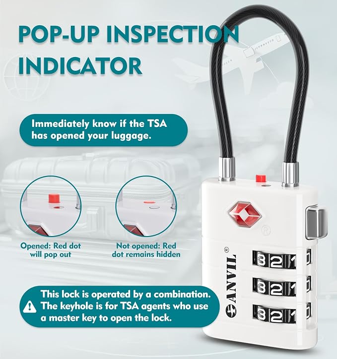 ANVIL TSA Approved Luggage Locks – High Security TSA008 Combination Travel Locks with Inspection Indicator for Suitcases and Backpacks. (2, White) - Image 3