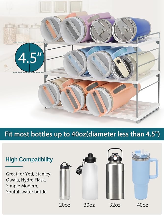 Upgraded Large Expandable Water Bottle Organizer Designed for 40 oz Stanley, Owala & Yeti Tumblers, Adjustable Storage Rack for Travel Mug Cabinet, Pantry, and Kitchen Organizer, Fits 20/30 oz Bottles - Image 3