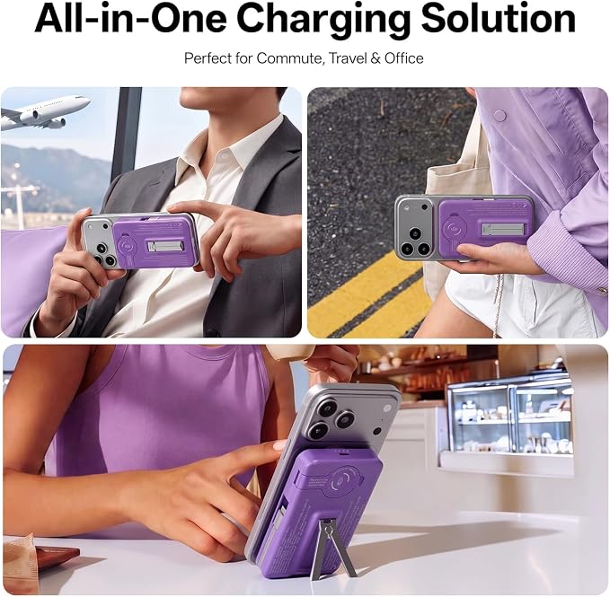 Q Magnetic Wireless Portable Charger 10,000mAh, Travel Essentials Power Bank with Built-in Cables & Foldable Stand, External Battery Pack Compatible with iPhone 17/16/15/14/13/12, Apple Watch - Image 4