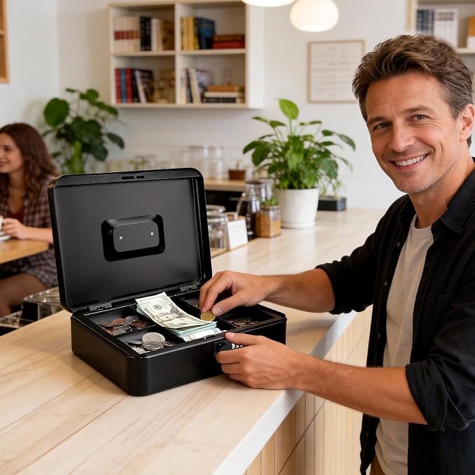 Jssmst X- Large Cash Box with Combination Lock - Durable Metal Cash Box with Money Tray, Black, 11.81 x 9.84 x 3.46 inches, CB0701XLN - Image 7