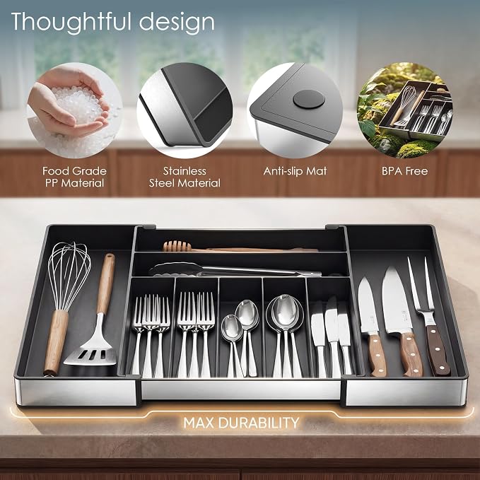 Silverware Drawer Organizer, 9 Slots Expandable Kitchen Drawer Organizer | Extra Large Utensil Holder & Cutlery Tray, Heavy Duty Stainless Steel Frame Flatware Organizer, Non-Slip Feet Included, Black - Image 2