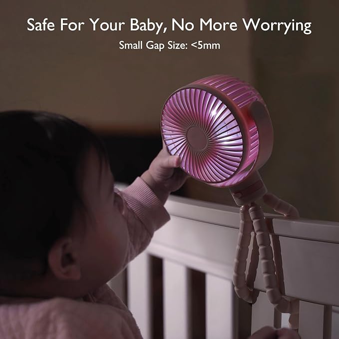 Momcozy 8000mAh Portable Stroller Fan, 27H Ultra-long Battery Life | Detachable 4 Speed 360°Rotate LED Night Light with 2 Modes, USB Rechargeable Handheld Cooling Fan for Travel/Car Seat/Bedroom - Image 4