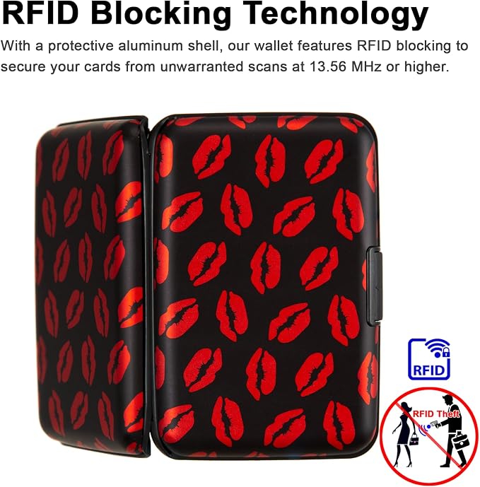 Credit Card Holder, Metal Card Wallet RFID Blocking Mini Slim Aluminum Business Hard Card Case for Women Men (Red Lips) - Image 2