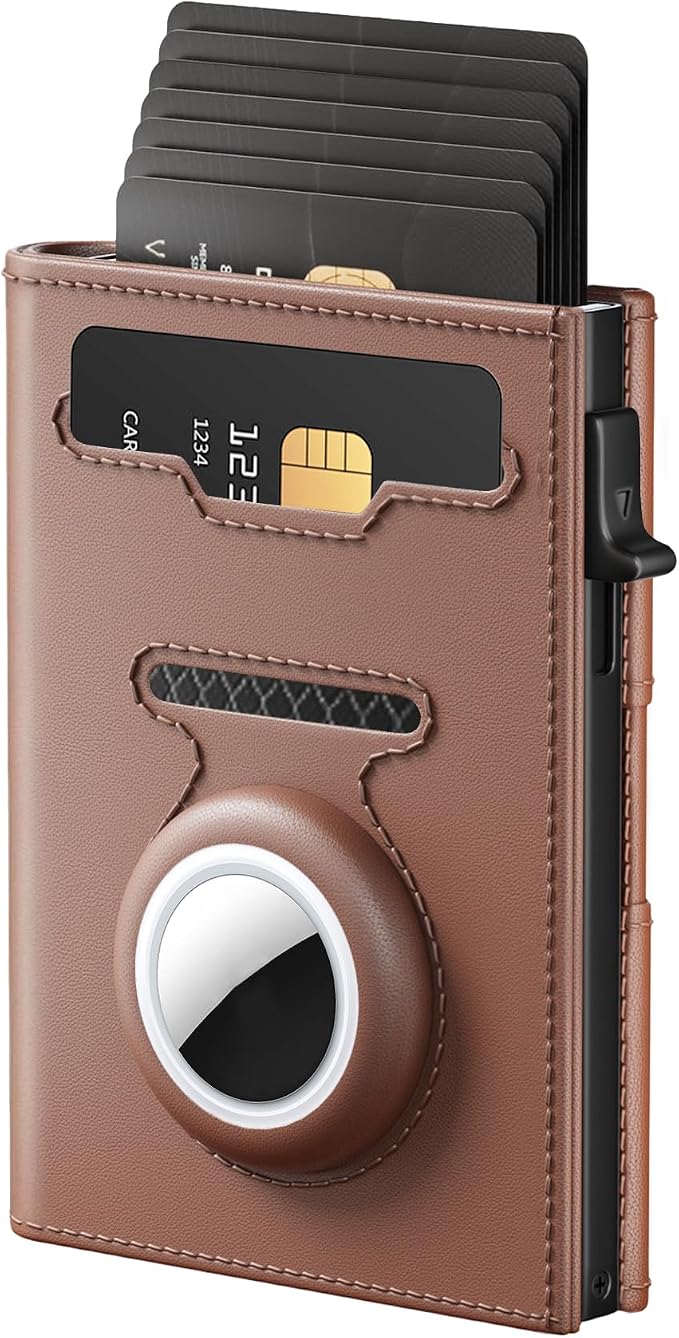 Mens Wallet Card Holder for Air Tag - RFID Blocking Wallet for Men with AirTag Holder, Smart Pop up Aluminum Case, Trifold, Slim, Minimalist, Front Pocket, Premium Leather - ID Window | Cash Slot by vastscenery