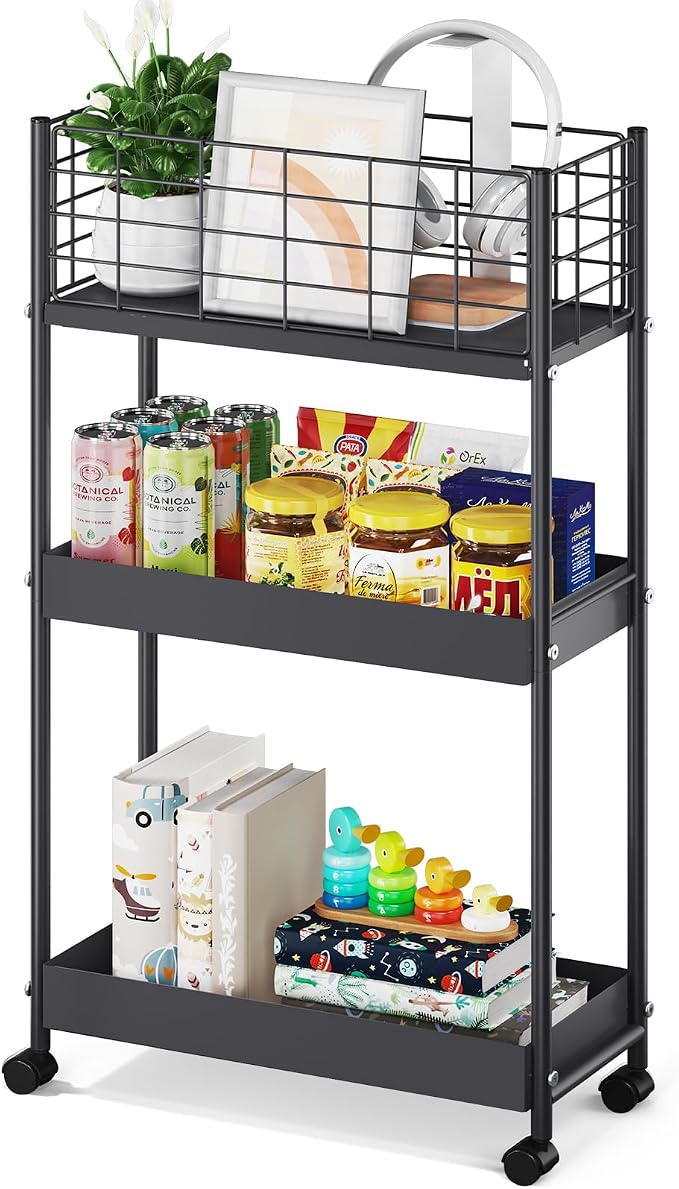 KINGRACK Slim Rolling Storage Cart 3 Tier - Heavy Duty Metal Utility Cart with Raised Edge & Wheels, Narrow Small Mobile Organizer Shelves for Bathroom, Kitchen, Laundry, Office, Living Room, Black by KINGRACK