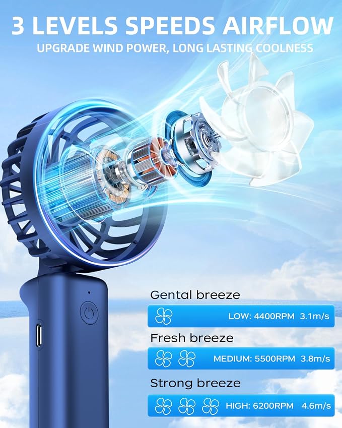 Portable Mini Fan, Handheld Fan, Small Desk Fans 180° Adjustable, 3-8 Hours Working Time, 3 Speeds, 1800mAh Battery Operated Fans USB Rechargeable for Indoor Outdoor Travel - Image 6